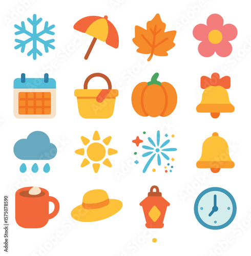 Seasonal events modern flat .snowflake, beach umbrella, autumn leaf, spring flower, seasonal calendar, picnic basket, pumpkin, holiday bell, raincloud, sun, fireworks, reminder