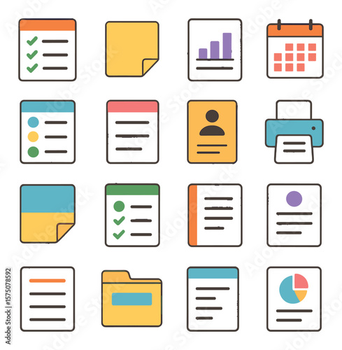 Office Documents modern flat .To-do list, memo note, internal report, calendar printout, project task sheet, daily planner, employee file, printer paper stack, sticky note layout,