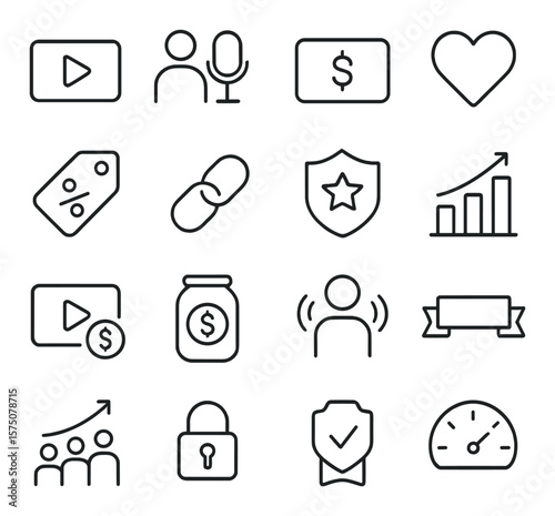 Podcast monetization tools line art icons. ad marker, sponsor icon, donation button, support heart, promo code tag, affiliate link, premium access, revenue chart, paid episode, tip