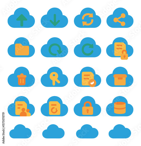 Cloud File Handling modern flat .Upload to cloud, download from cloud, sync to cloud, share via cloud, cloud folder, cloud backup, cloud restore, file encryption, cloud delete,