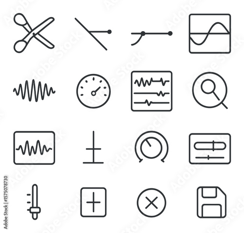 Podcast sound editing tools line art icons. cut tool, fade icon, volume automation, EQ graph, waveform view, compressor dial, multi-track editor, zoom tool, audio region, time