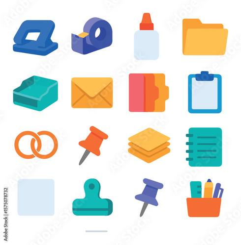 Stationery extras modern flat .hole puncher, tape dispenser, correction fluid, file folder, document tray, envelope, divider tabs, clipboard, binder rings, push pin, paper stack,