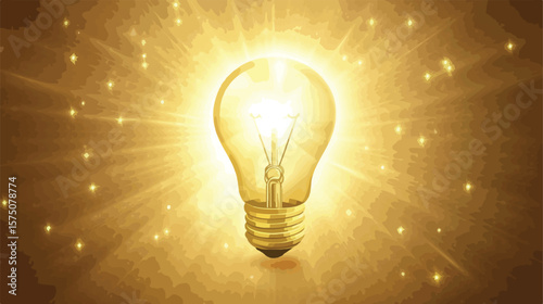 Glowing Light Bulb with Radiating Rays Flat Vector Illustration