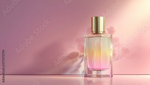 Perfume bottle, soft pink backdrop, floral shadows, display