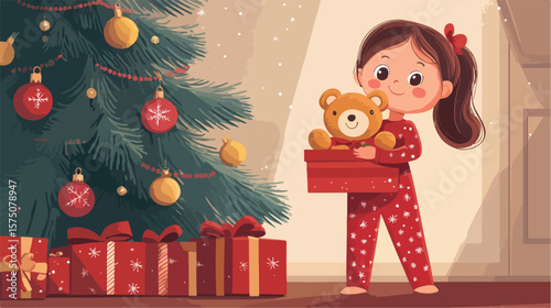 Sweet Little Girl in Pajamas Lovingly Embracing Teddy Bear