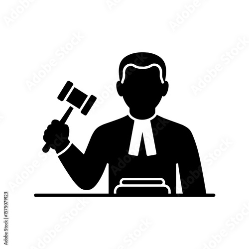 An abstract, silhouetted illustration of a judge holding a gavel, seated at a desk.