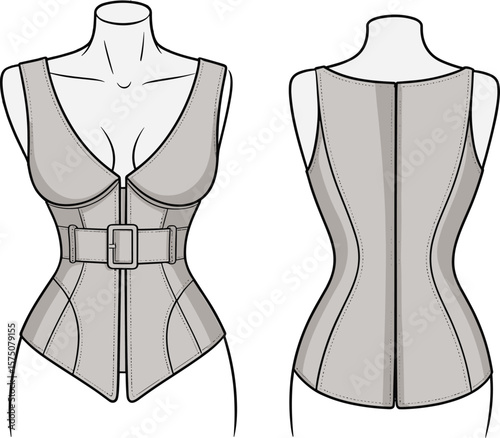 Modern Strapless Corset Bustier CAD Drawing Flat Vector Illustration with Buckled Belt for Fashion Design.