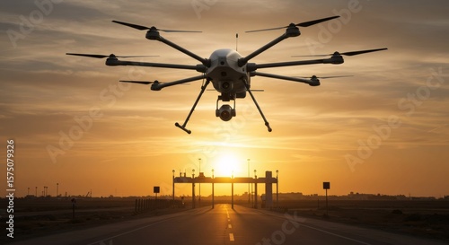 UAV in sky over road tunnel at sunset. Drone for intelligence collection, surveillance, reconnaissance. Drone for emergency situation.