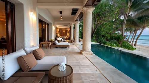 Luxurious beachfront villa with a pool and lounging areas next to the ocean on a tropical island