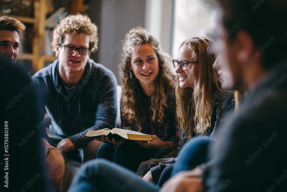 Naklejka premium Adult Young Adults Discussing Open Bible in Engaging Study Group