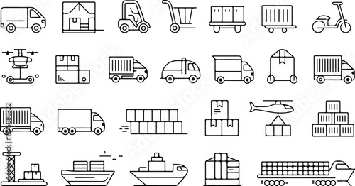 A collection of simple line art icons representing various modes of transportation and logistics for shipping and delivery services