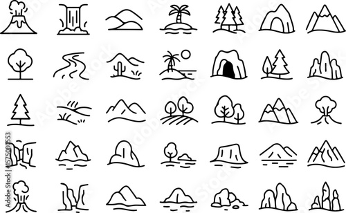 Collection of diverse landscape icons featuring volcanoes waterfalls mountains islands palm trees forests caves rivers and rolling hills in a simple outline style