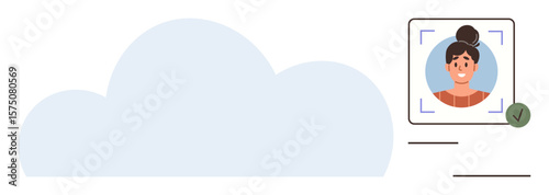 Large cloud shape with a verified user profile portrait, checkmark, and text lines. Ideal for technology, security, identity, networking, data protection cloud storage and authentication. A simple