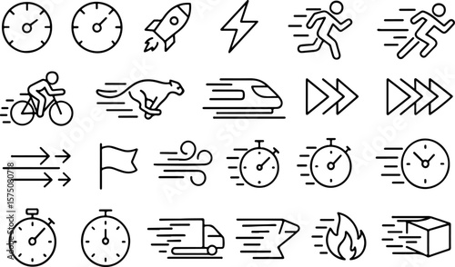 Collection of speed and motion icons including running people bicycles rockets trains trucks clocks and arrows representing fast delivery and quick movement