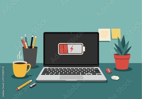 An illustration of a laptop displaying a critically low battery icon on its screen, situated on a modern office desk with various supplies.