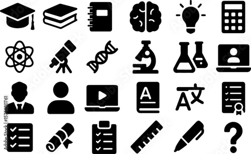 Collection of black educational and scientific icons representing learning research and academic achievement on a white background