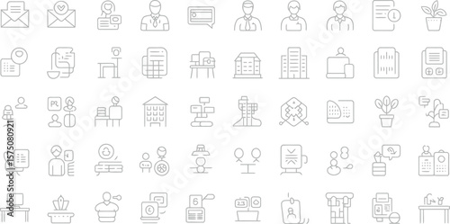 A collection of office and business related line art icons arranged in a grid pattern