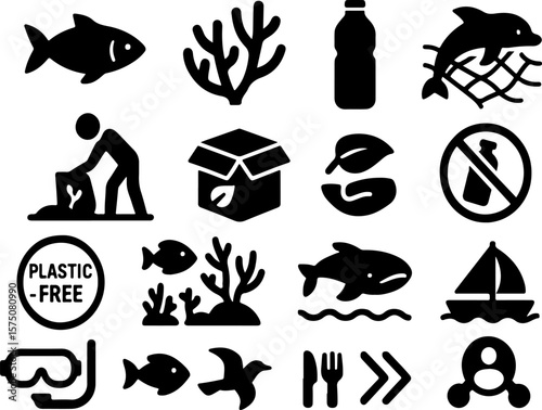Collection of black silhouette icons representing environmental conservation and marine life protection including plastic pollution and recycling symbols