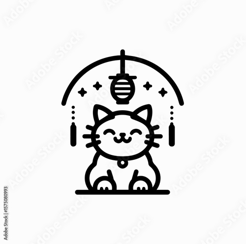 Minimalist Black Vector Logo of Maneki Neko Sitting Under Japanese Hanging Lantern Isolated on White Background
