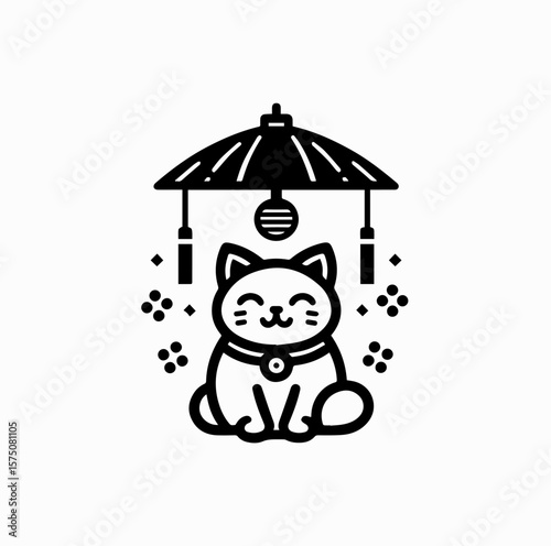 Minimalist Black Vector Logo of Maneki Neko Sitting Under Japanese Hanging Lantern Isolated on White Background