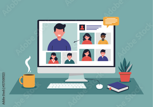 A modern illustration depicts a video conference call on a computer screen, showing diverse people engaged in a virtual meeting with a coffee cup and a notepad nearby.