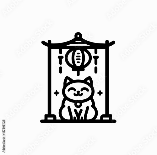 Minimalist Black Vector Logo of Maneki Neko Sitting Under Japanese Hanging Lantern Isolated on White Background