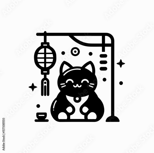 Minimalist Black Vector Logo of Maneki Neko Sitting Under Japanese Hanging Lantern Isolated on White Background