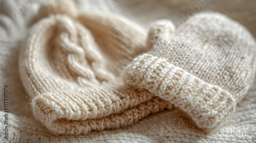 Knitted Baby Set Warmth Softness, creamy handmade beanie and mitten set for infants, cozy winter apparel in natural wool, delicate cable knit pattern, offering comfort and style during cold days