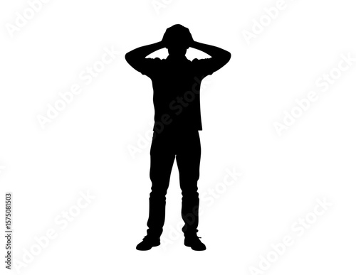 Silhouette of a man touching his forehead, expressing contemplation or stress. Suitable for mental health, stress, or decisionmaking concepts.