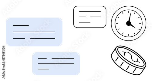 Notes with text lines, a clock symbolizing time, and a coin for wealth highlight organization. Ideal for planning, productivity, budgeting, efficiency, prioritization saving strategy. Simple flat