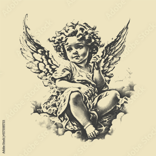 Vintage engraving of a cherubic angel sitting on clouds, exuding innocence and serenity. A perfect retro-style artwork for classic religious or decorative use.
