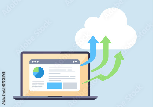 Laptop computer uploading data to a cloud server, representing online data storage, backup, and synchronization services for business and personal use.