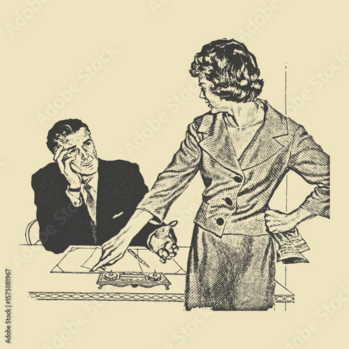 A vintage illustration of a businesswoman assertively talking to a businessman at a desk, capturing a retro work dynamic in a mid-century style.