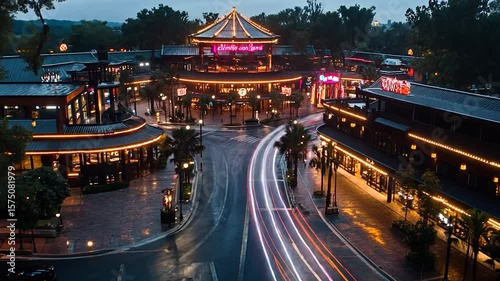 Aerial night view capturing illuminated Asian-style buildings and streets with light trails and vibrant glowing signage. The scene includes a central roundabout and reflects lights of city, with a