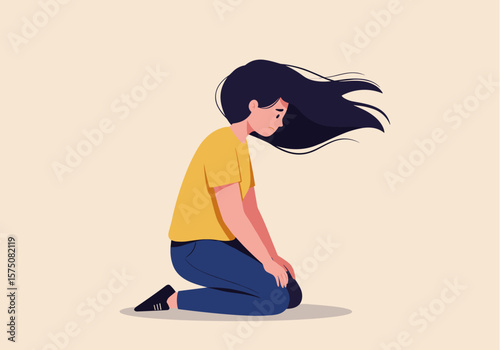 An illustration of a woman kneeling with her head down and hair blowing, conveying feelings of sadness, depression, or contemplation in a minimalist style.
