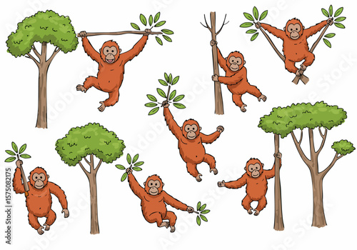 Cute cartoon orangutans in various poses climbing and swinging on trees and branches, isolated vector illustrations for wildlife and nature themes.
