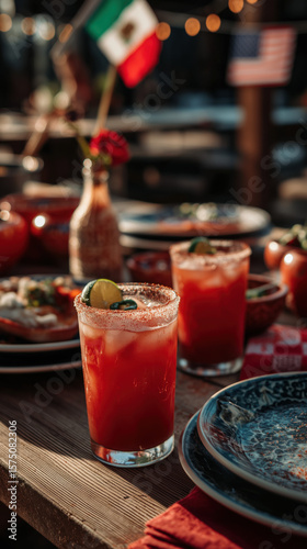 vibrant outdoor American fiesta weekend celebration with rustic wooden table, frosty Micheladas in tall glasses rimmed with Tajín, lime and chili. American flags in background