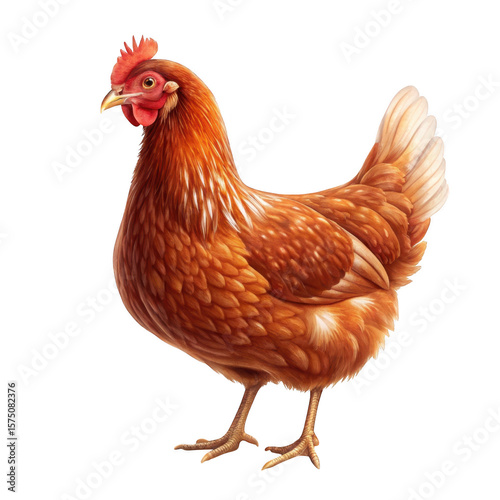 Detailed illustration of a brown hen with white accents standing gracefully isolated on transparent background