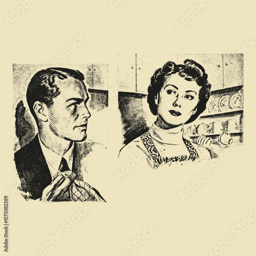 A retro-styled engraving of a man and woman looking at each other, appearing to be in a domestic or relationship conversation.