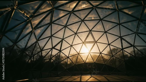 Looking Through Dome Structure at Sunset Sky and Bare Trees