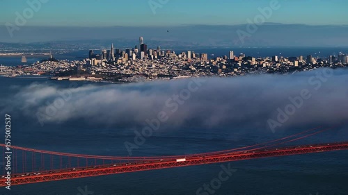 Aerial view of golden gate bridge and fog, United States.