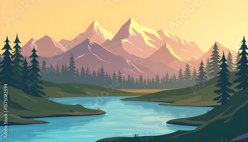 Beautiful mountain landscape illustration with lake and trees for wallpaper or background design use