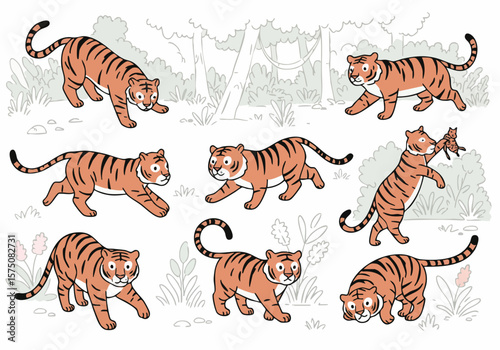 Cute cartoon tigers vector illustration set in various dynamic poses in a simple hand-drawn forest background perfect for kids design.