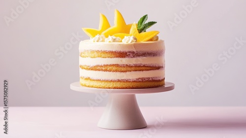 Elegant layered cake with starfruit cream and whipped topping on a ceramic pedestal, decorated with fresh starfruit slices and soft pastel styling for upscale patisserie branding or editorial use