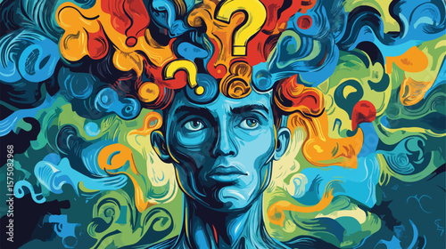 Professional Man Avatar Thinking with Question Marks Design