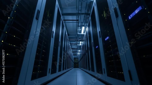 Servers Filling a Dark Data Center Corridor Perspective Shot