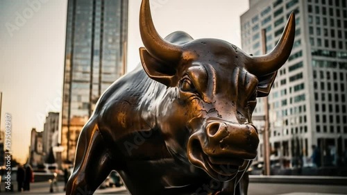 Bronze Bull Sculpture Standing Tall in Urban Cityscape