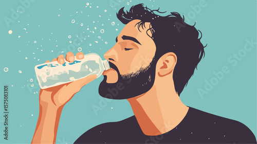 Hydrated man drinking water flat vector illustration