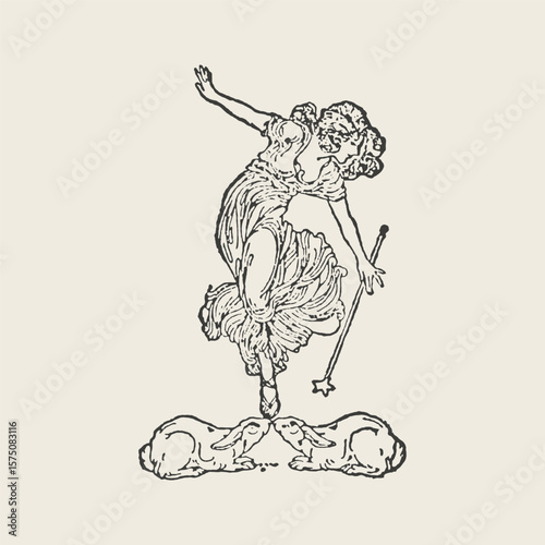 Elegant vintage line art of a mystical woman dancing with a wand, surrounded by rabbits, symbolizing magic and fortune.