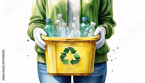 A woman in a green shirt and white gloves holds a yellow recycling bin filled with plastic bottles, promoting environmental awareness and recycling. Generative AI